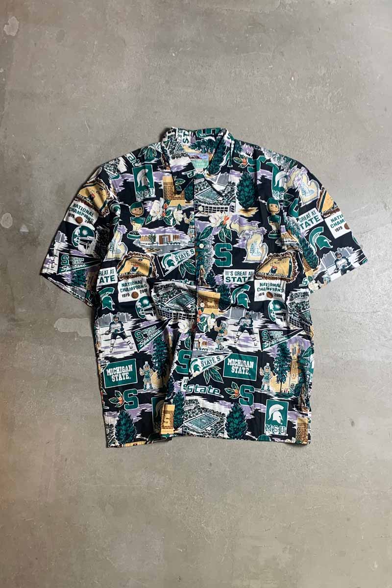 MADE IN USA 80-90'S S/S MICHIGAN STATE COTTON HAWAIIAN SHIRT / BLACK [SIZE: M USED]