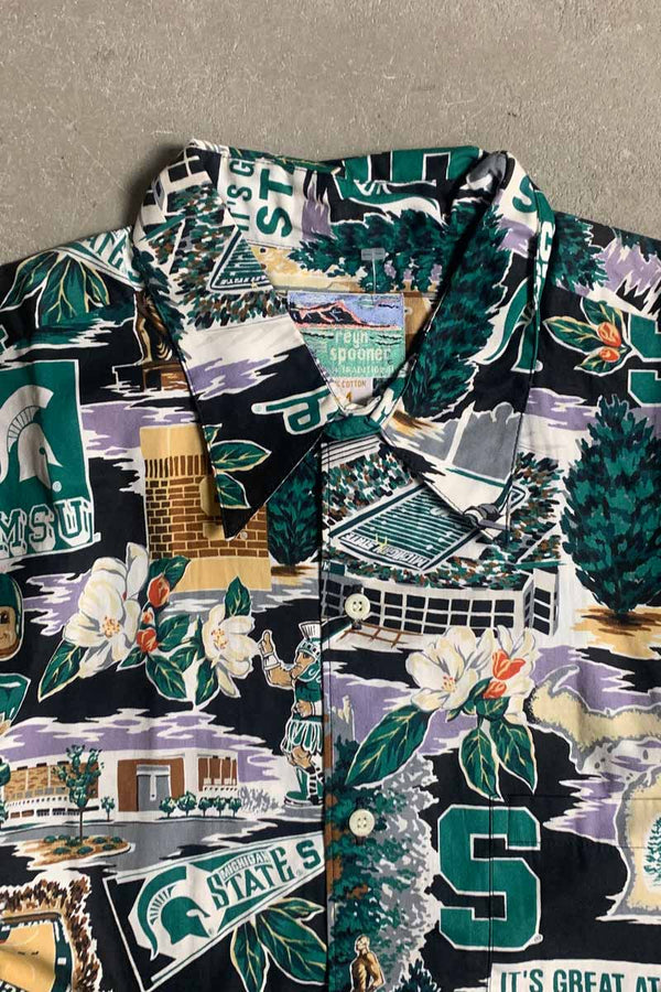 MADE IN USA 80-90'S S/S MICHIGAN STATE COTTON HAWAIIAN SHIRT / BLACK [SIZE: M USED]