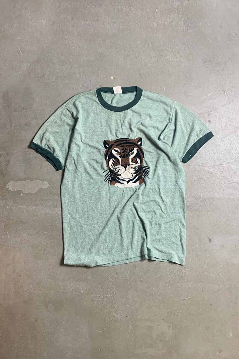 60-70'S S/S TIGER EMBROIDERY RINGER T-SHIRT / GREEN [SIZE: L USED]