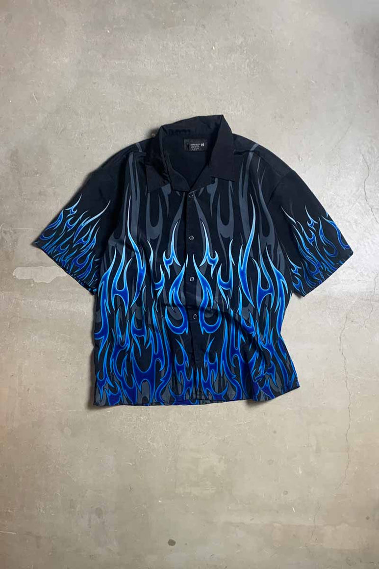 S/S OPEN COLLAR FLAME DESIGN POLY SHIRT / BLACK / BLUE [SIZE: L USED]