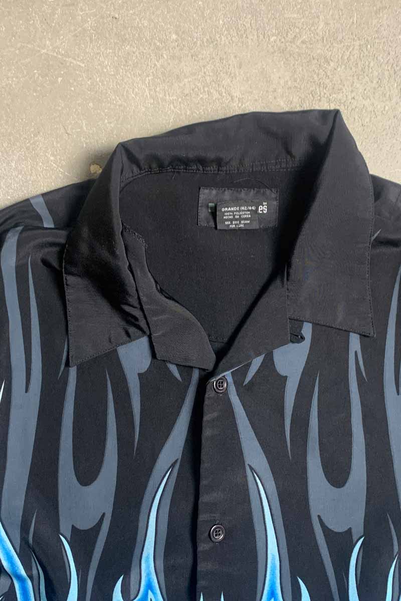 S/S OPEN COLLAR FLAME DESIGN POLY SHIRT / BLACK / BLUE [SIZE: L USED]