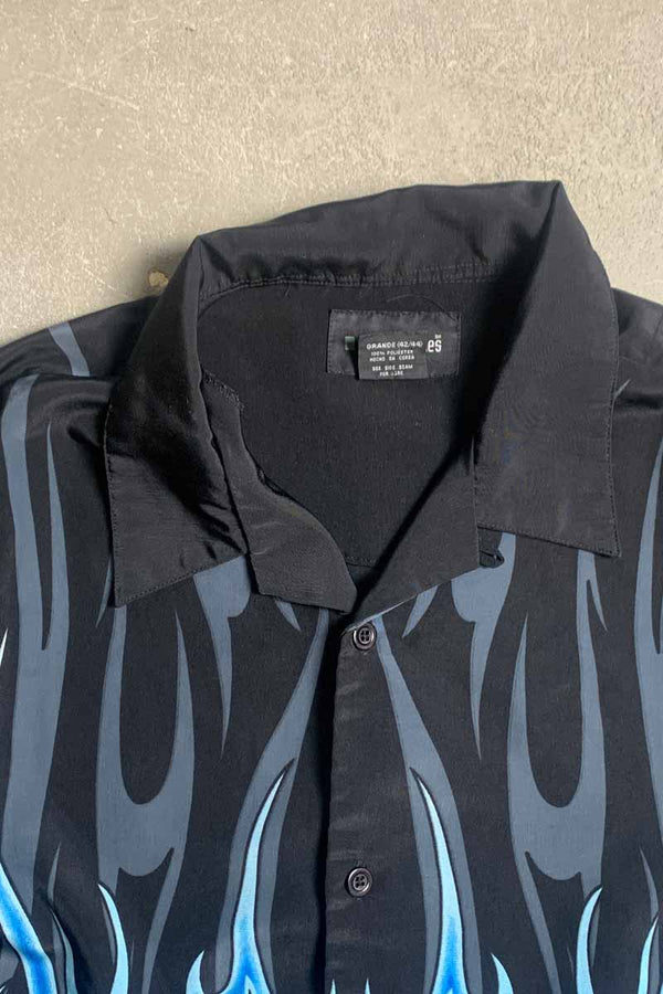 S/S OPEN COLLAR FLAME DESIGN POLY SHIRT / BLACK / BLUE [SIZE: L USED]