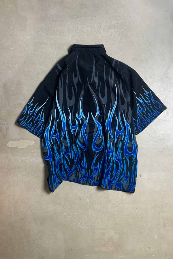 S/S OPEN COLLAR FLAME DESIGN POLY SHIRT / BLACK / BLUE [SIZE: L USED]