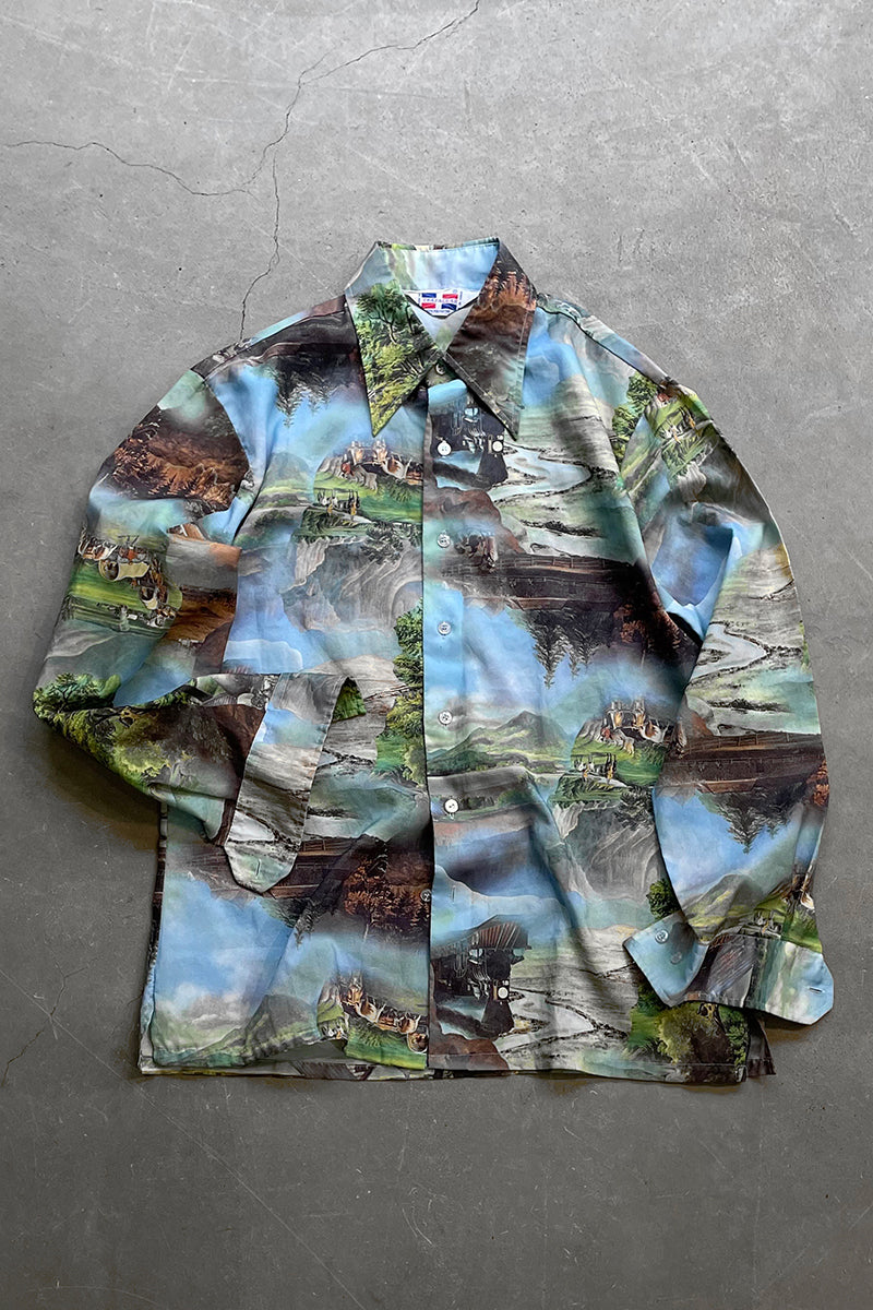 70'S L/S TRANSFER PRINT SHIRT / GREEN [SIZE: M USED]
