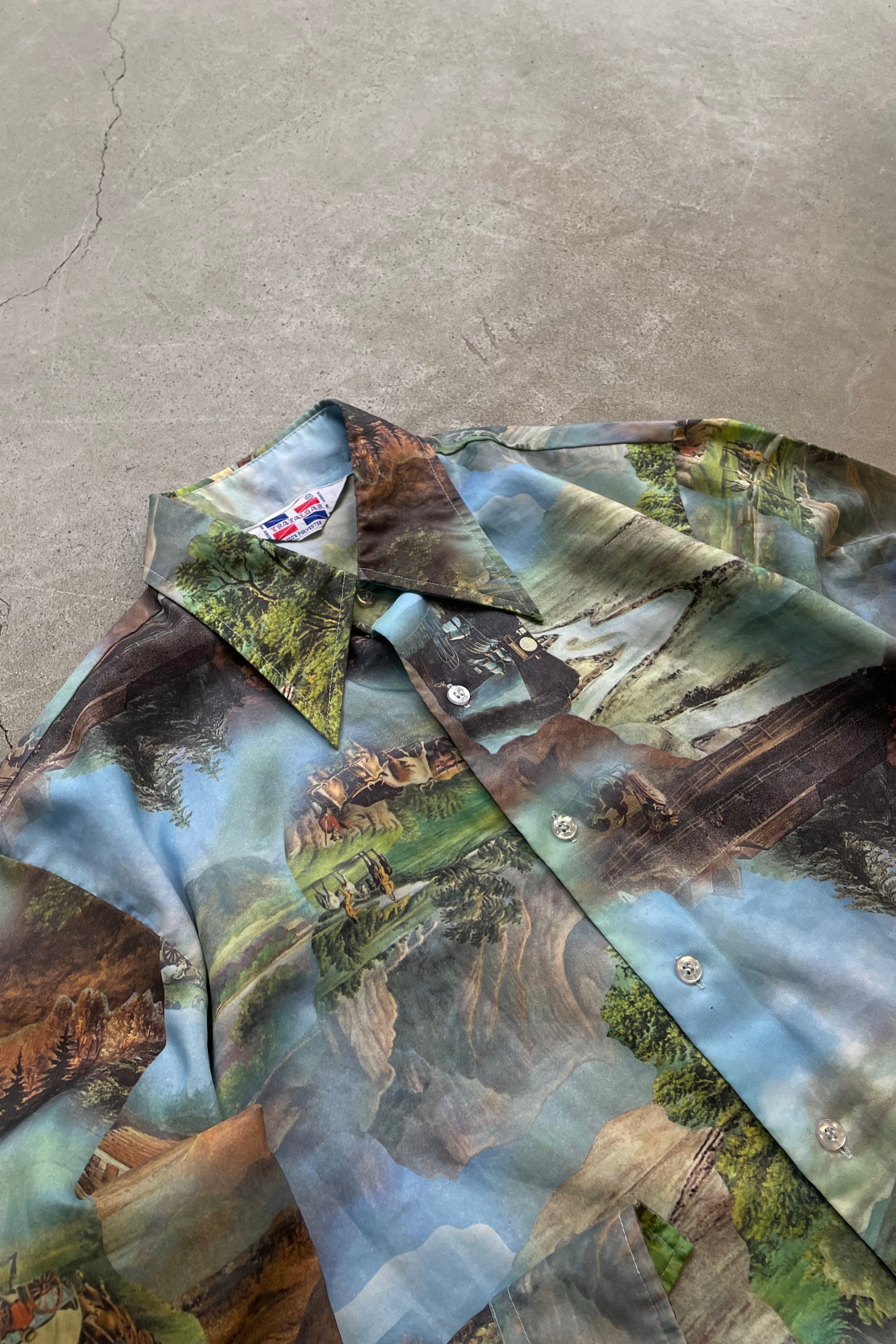 70'S L/S TRANSFER PRINT SHIRT / GREEN [SIZE: M USED]