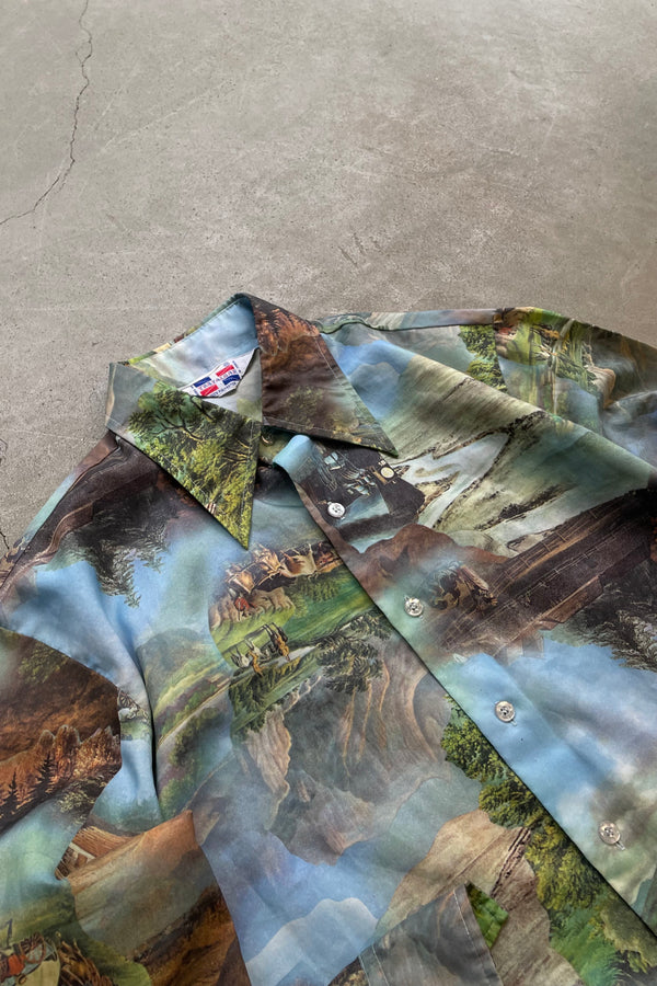 70'S L/S TRANSFER PRINT SHIRT / GREEN [SIZE: M USED]