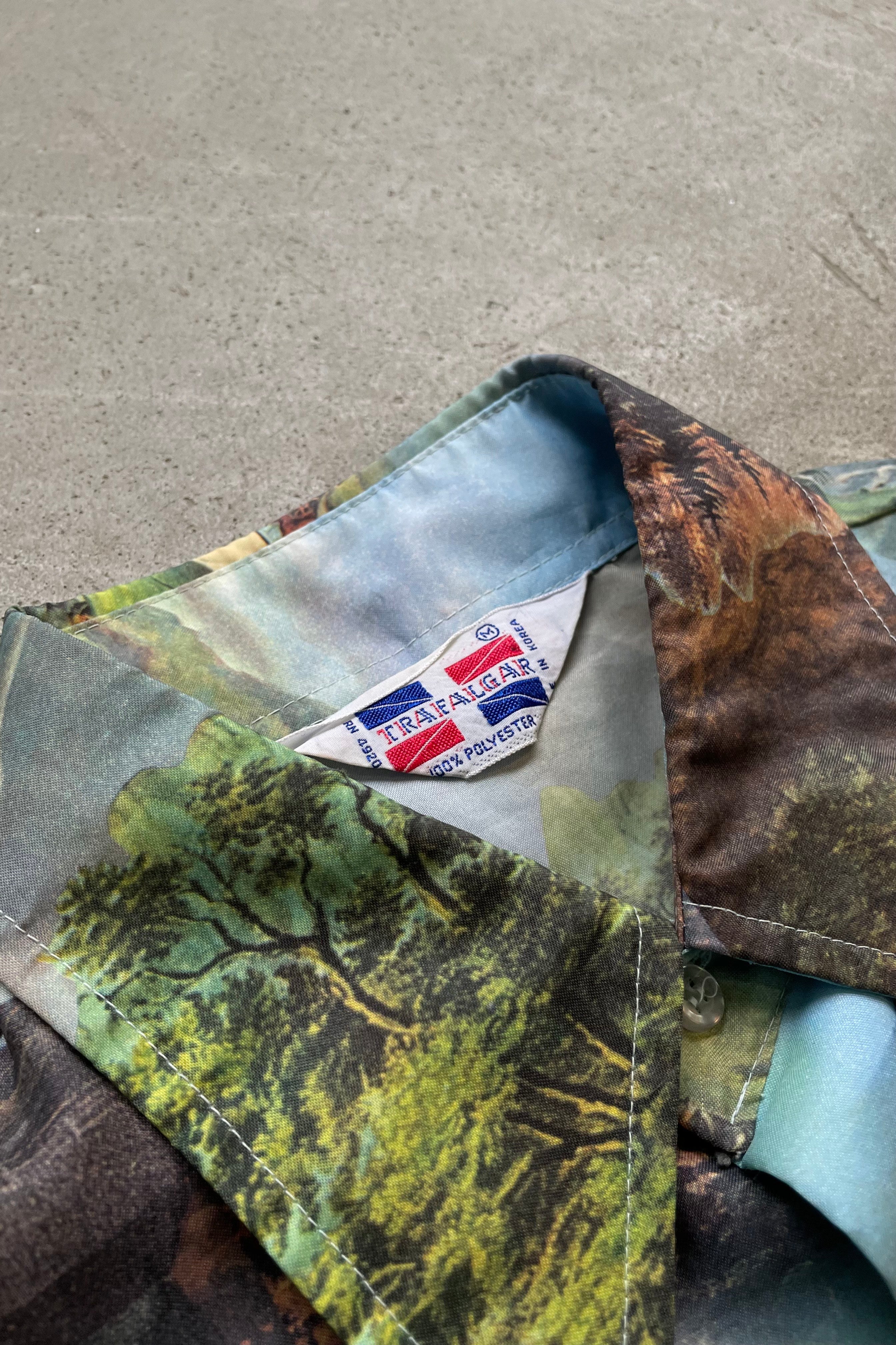 70'S L/S TRANSFER PRINT SHIRT / GREEN [SIZE: M USED]