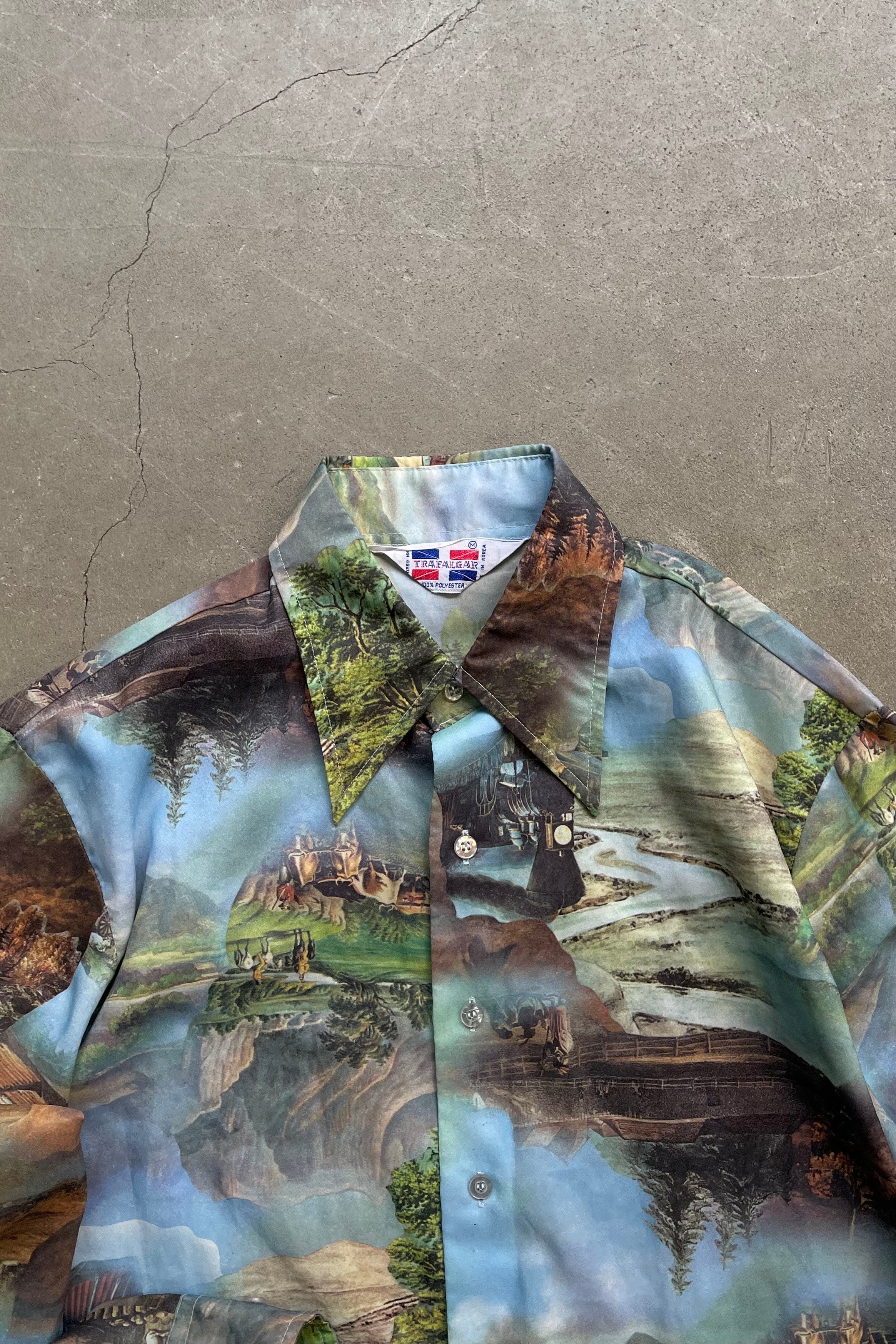 70'S L/S TRANSFER PRINT SHIRT / GREEN [SIZE: M USED]
