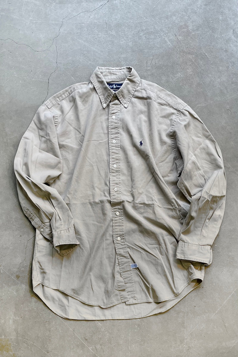90'S L/S BD COTTON SHIRT / BEIGE [SIZE: M USED]