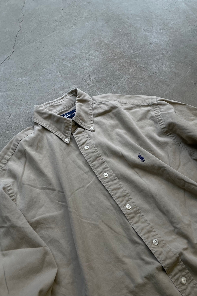 90'S L/S BD COTTON SHIRT / BEIGE [SIZE: M USED]