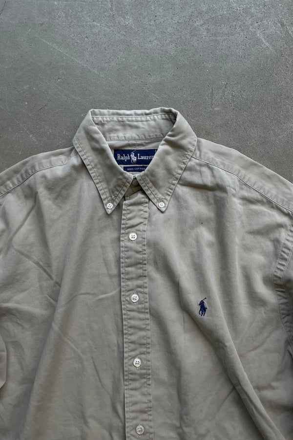 90'S L/S BD COTTON SHIRT / BEIGE [SIZE: M USED]