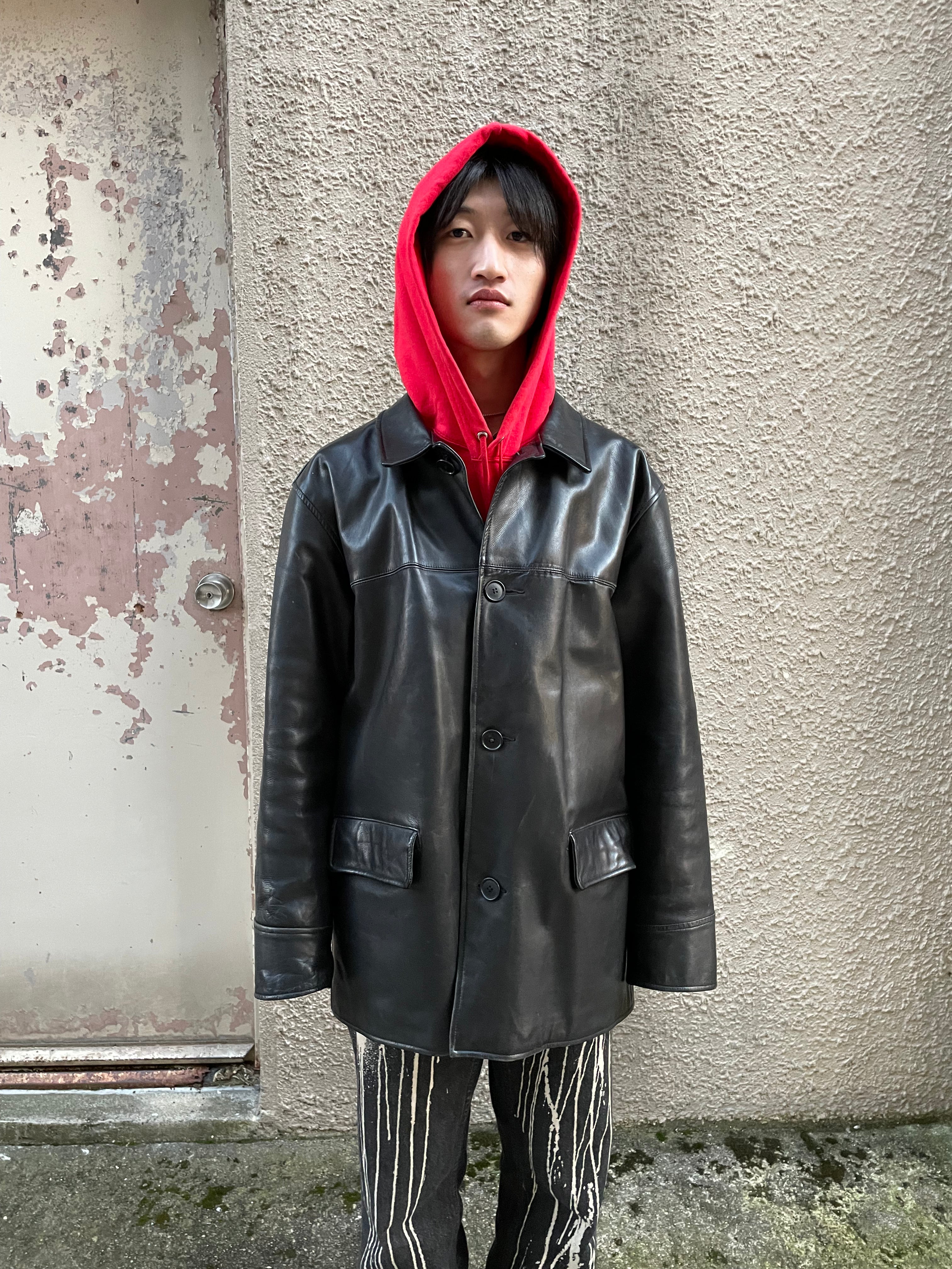90'S LEATHER CAR COAT / BLACK [SIZE: L USED]