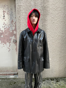 90'S LEATHER CAR COAT / BLACK [SIZE: L USED]