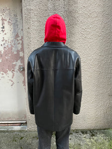 90'S LEATHER CAR COAT / BLACK [SIZE: L USED]