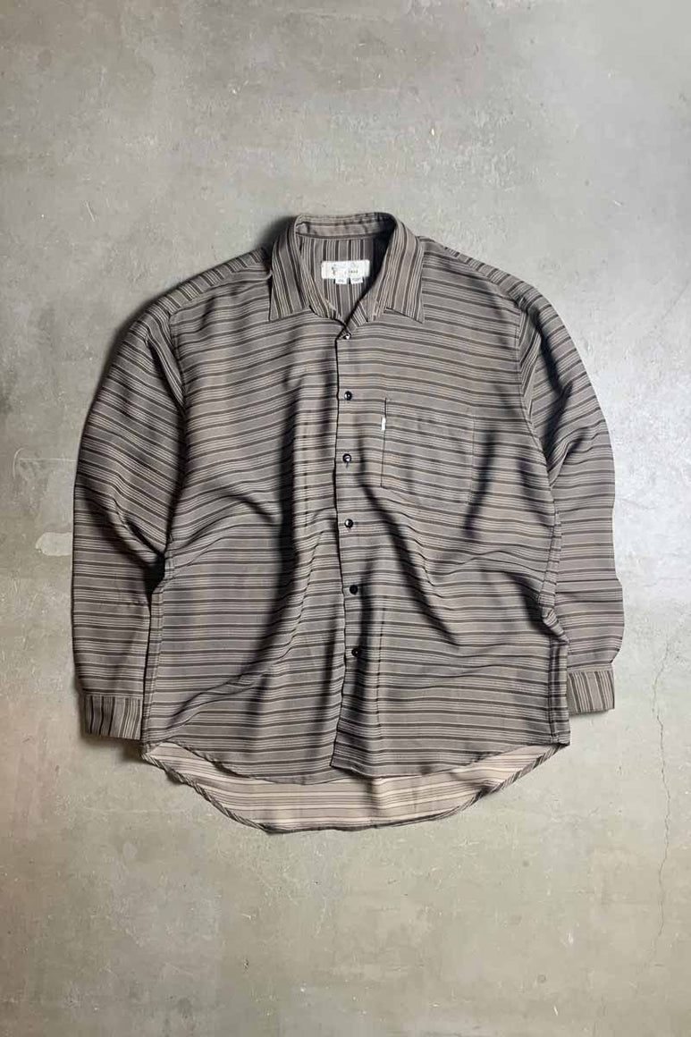 90'S L/S BORDER RAYON SHIRT / KHAKI [SIZE: XL USED]