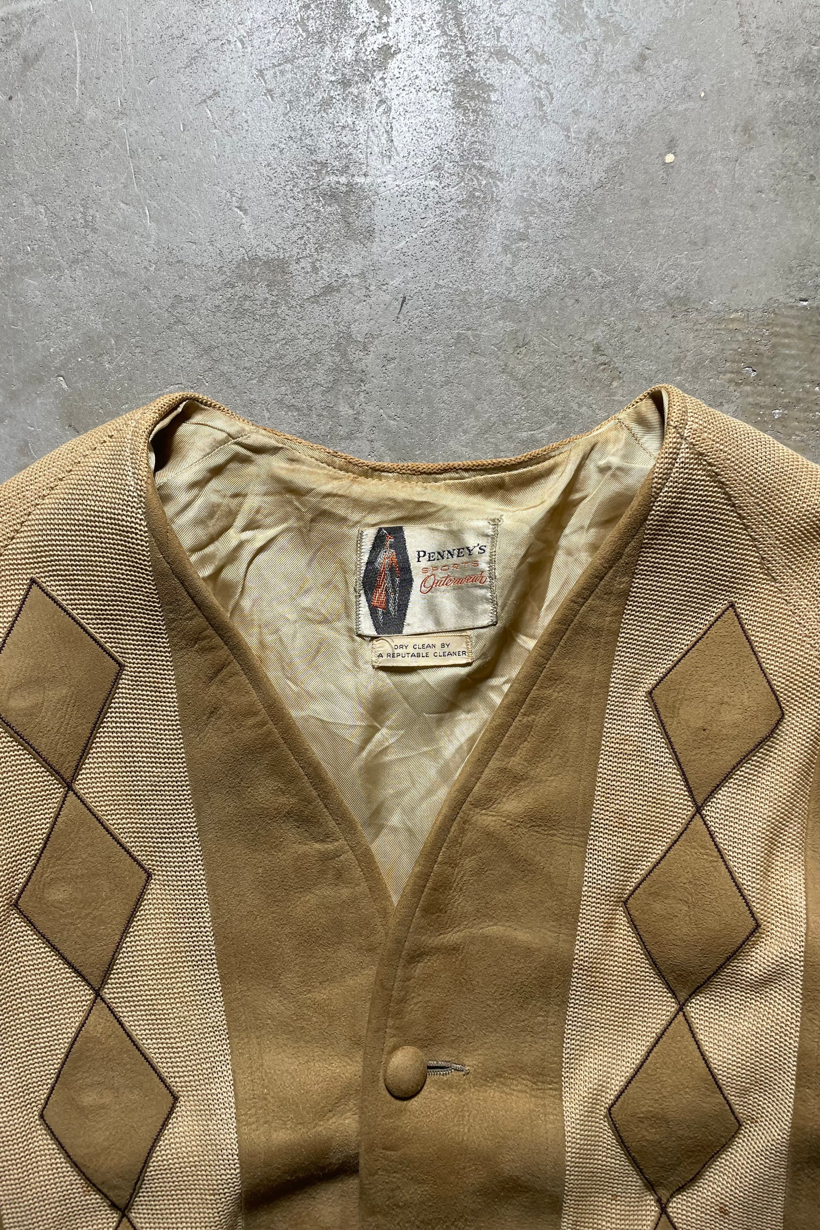 60s SUEDE KNIT CARDIGAN / BEIGE [SIZE: M equivalent USED]