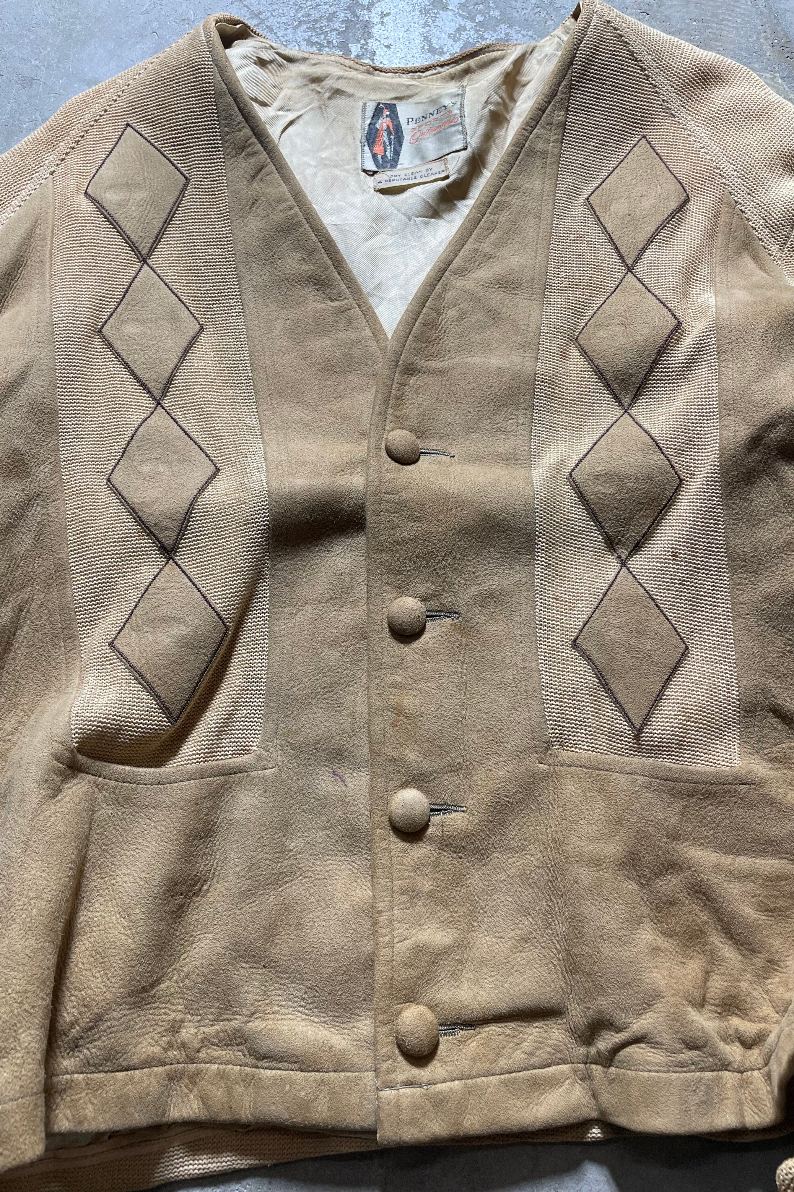 60s SUEDE KNIT CARDIGAN / BEIGE [SIZE: M equivalent USED]