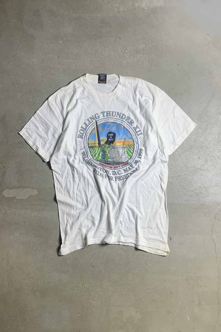 MADE IN USA 90'S S/S ROLLING THUNDER PRINT MOTOR CYCLE T-SHIRT / WHITE [SIZE: XL USED]