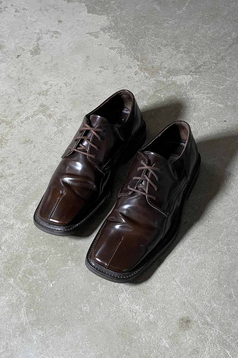 MADE IN ITALY 90'S SQUARE TOE LEATHER SHOES / BROWN [SIZE: US 7.5(25.5cm相当) USED]