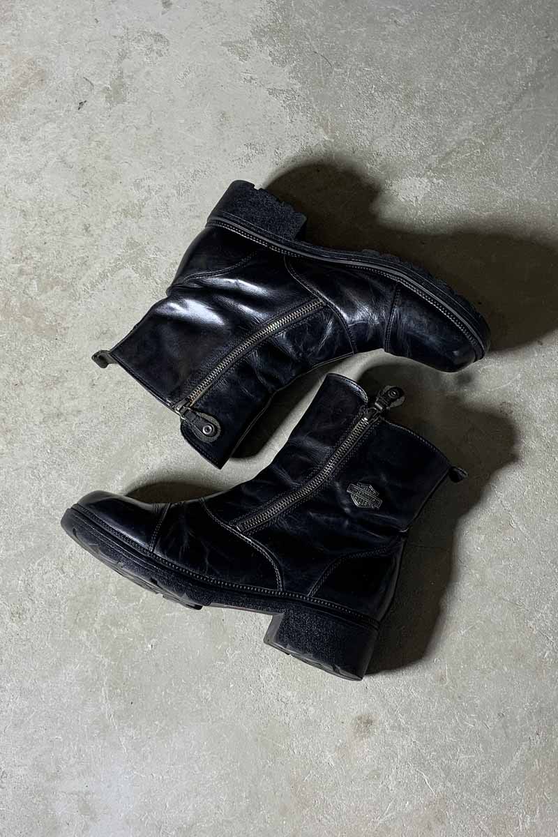 90'S LEATHER DOUBLE SIDE ZIP BOOTS / BLACK [SIZE: US8.5(26.5cm) USED]