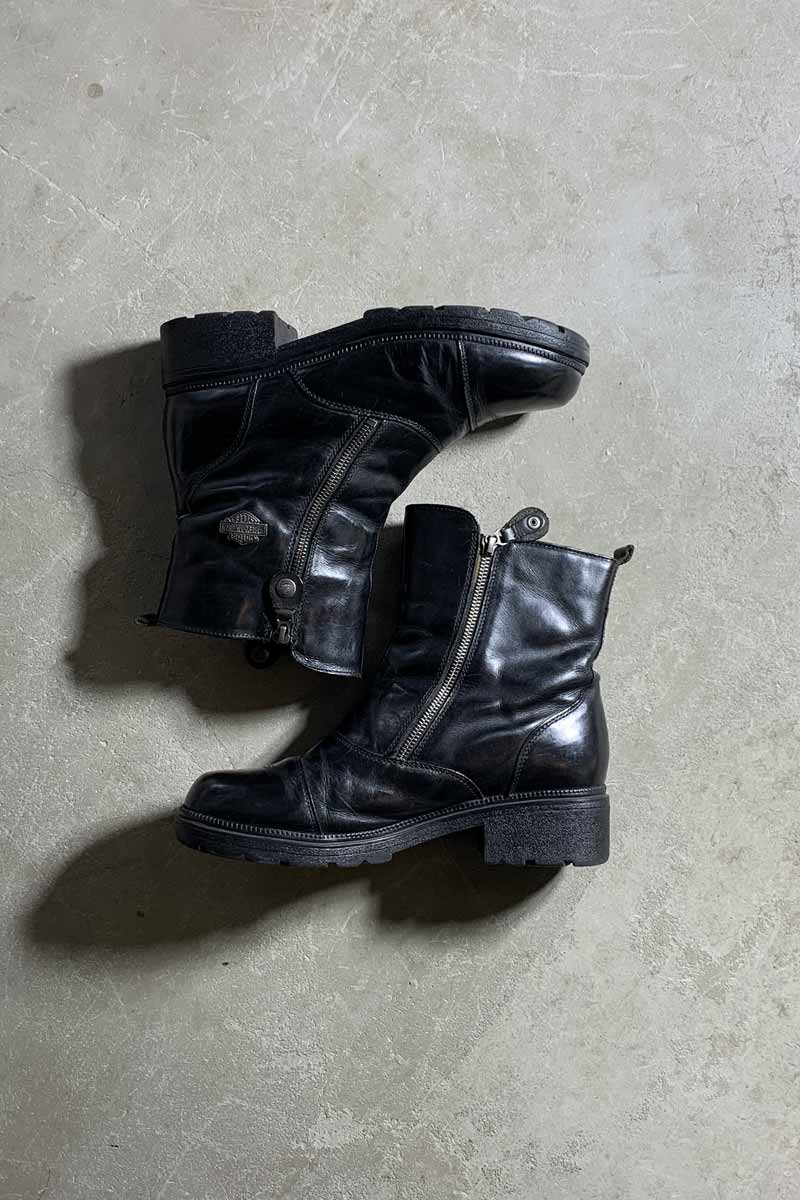 90'S LEATHER DOUBLE SIDE ZIP BOOTS / BLACK [SIZE: US8.5(26.5cm) USED]