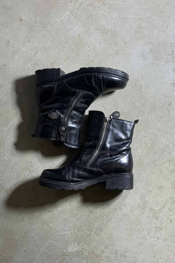 90'S LEATHER DOUBLE SIDE ZIP BOOTS / BLACK [SIZE: US8.5(26.5cm) USED]