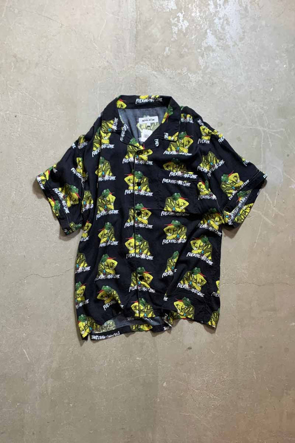 S/S OPEN COLLAR RAYON PATTERN SHIRT / BLACK / PATTERN [SIZE: L USED]