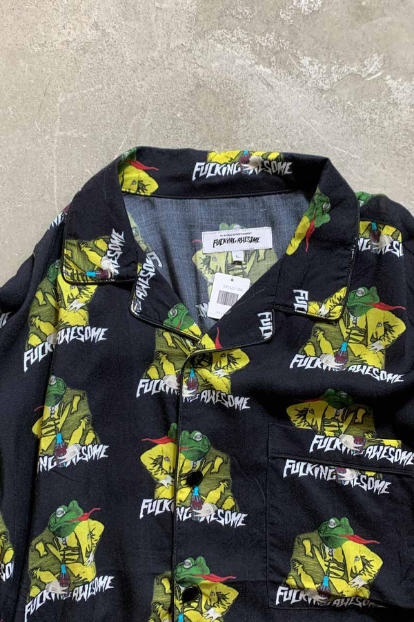 S/S OPEN COLLAR RAYON PATTERN SHIRT / BLACK / PATTERN [SIZE: L USED]