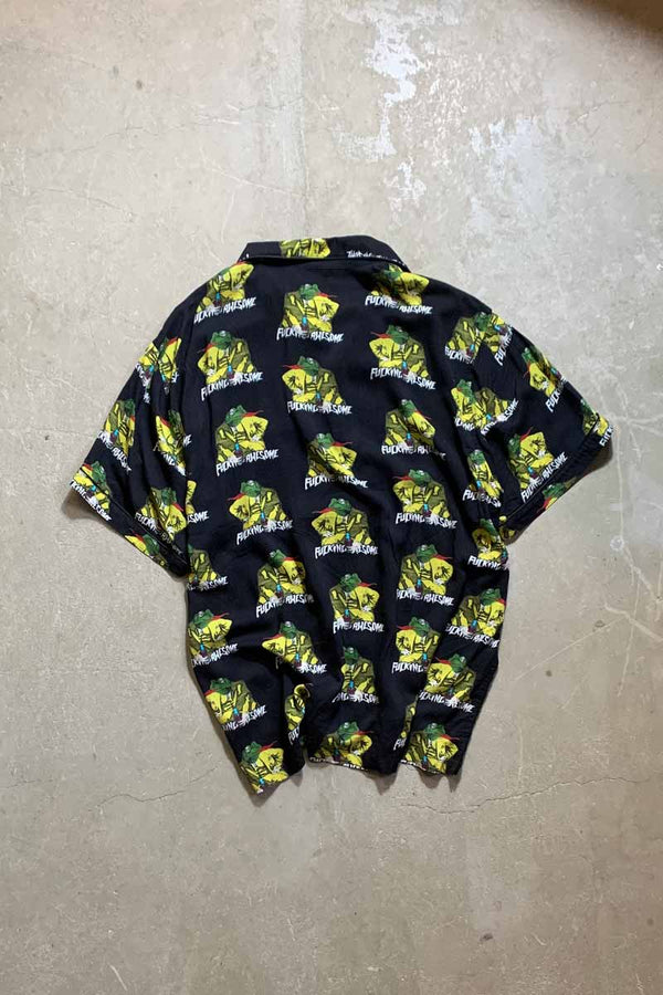 S/S OPEN COLLAR RAYON PATTERN SHIRT / BLACK / PATTERN [SIZE: L USED]