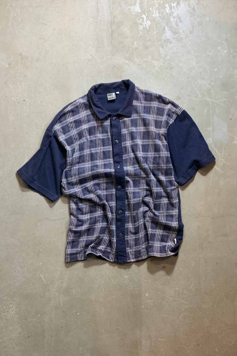 MADE IN USA 90'S S/S CHECK SWEAT SHIRT / NAVY [SIZE: L USED]