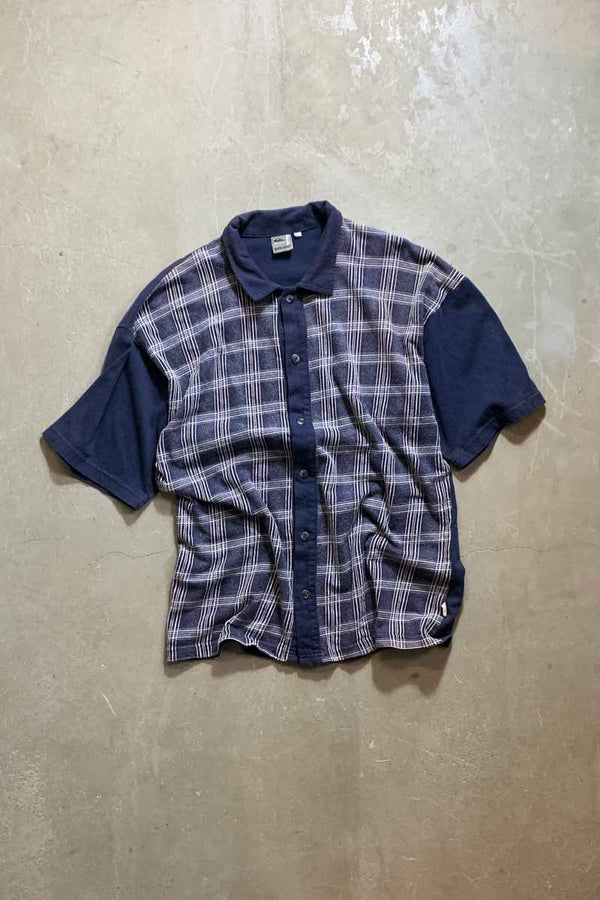 MADE IN USA 90'S S/S CHECK SWEAT SHIRT / NAVY [SIZE: L USED]