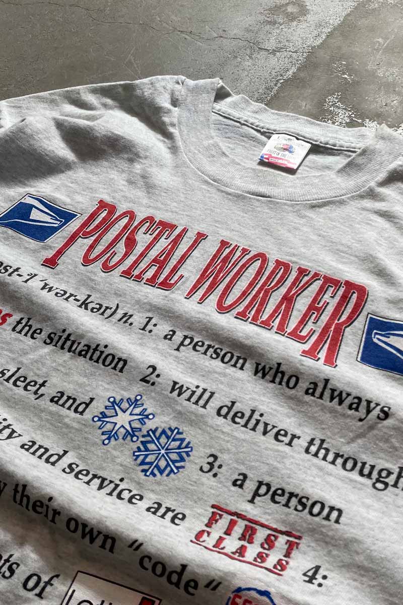 MADE IN USA 90'S POSTAL WORKER MESSAGE T-SHIRT / GRAY [SIZE: L USED]