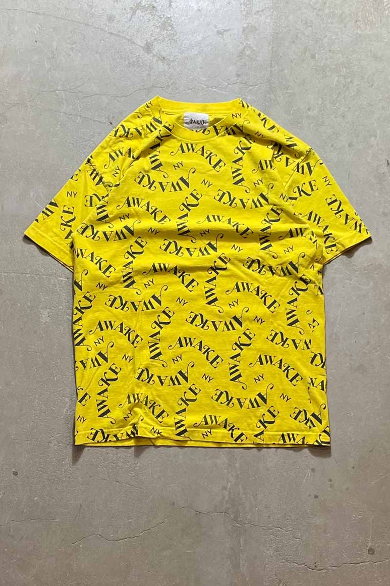 MADE IN USA ALL OVER PRINT LOGO T-SHIRT / YELLOW [SIZE: L USED]