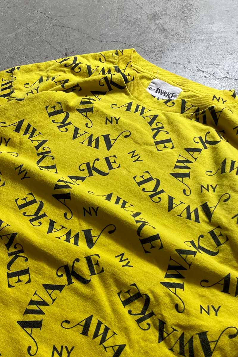 MADE IN USA ALL OVER PRINT LOGO T-SHIRT / YELLOW [SIZE: L USED]