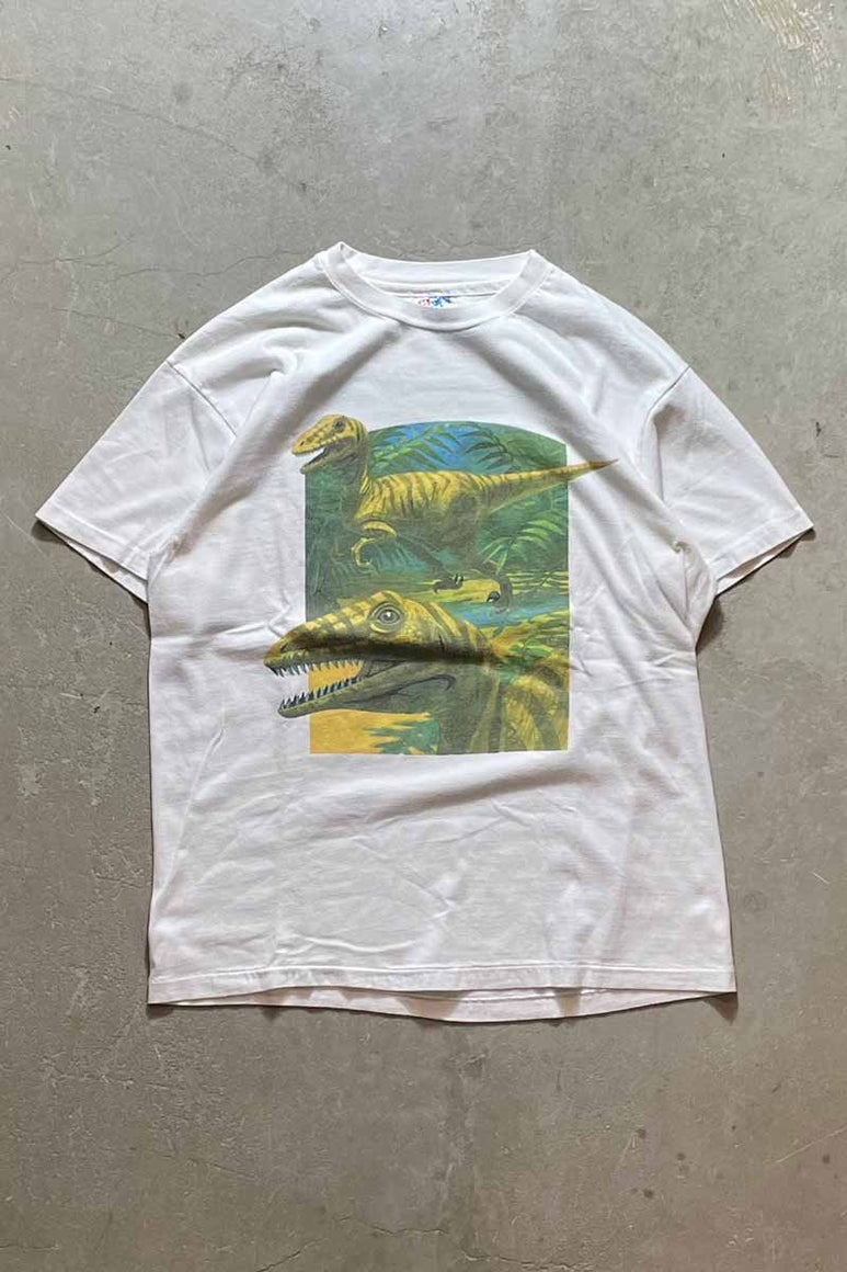 MADE IN USA 90'S VELOCIRAPTOR ANIMAL T-SHIRTS / WHITE [SIZE: L USED]