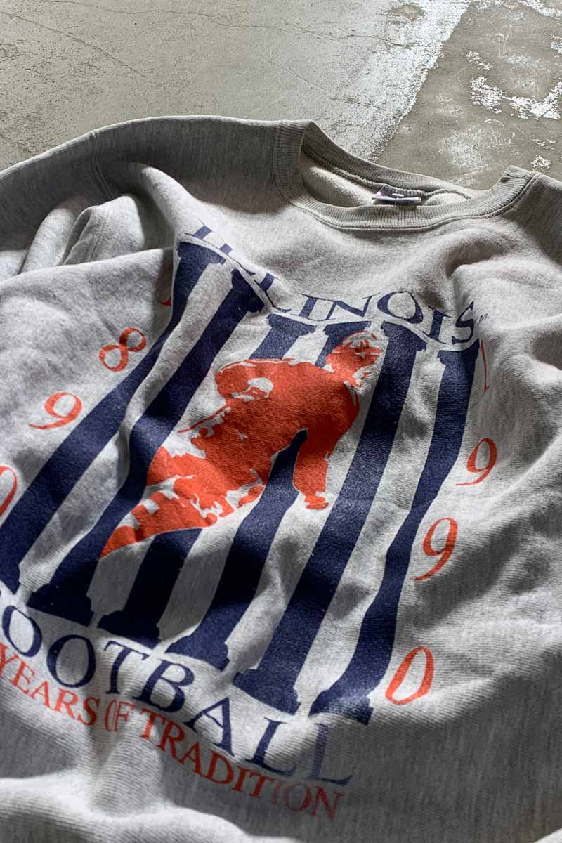 MADE IN USA 90'S REVERSE WEAVE ILLINOIS PRINT SWEATSHIRT / GRAY [SIZE: XL USED]