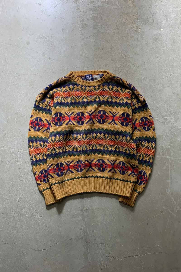 88'S-90'S NORDIC DESIGN COTTON KNIT SWEATER / MUSTARD [SIZE: L USED]