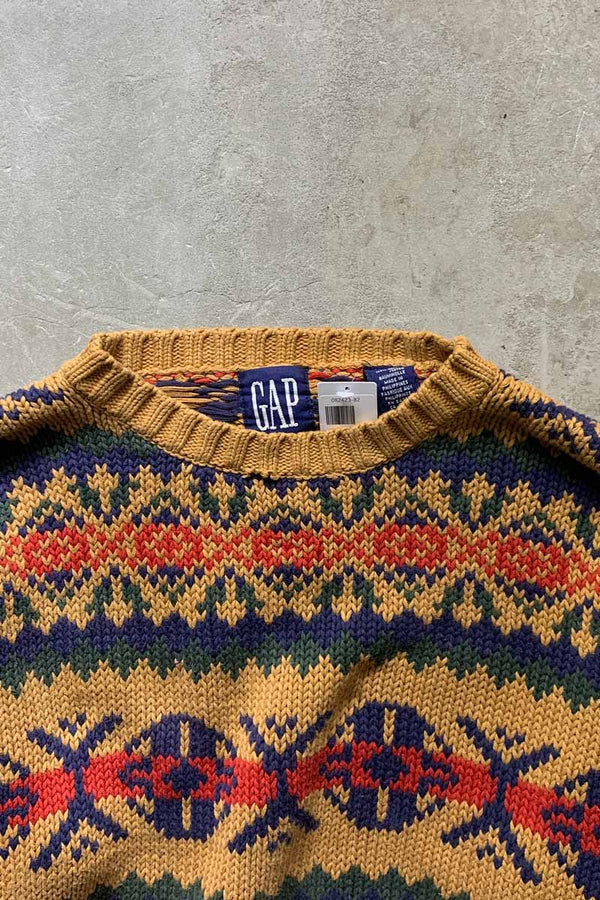 88'S-90'S NORDIC DESIGN COTTON KNIT SWEATER / MUSTARD [SIZE: L USED]
