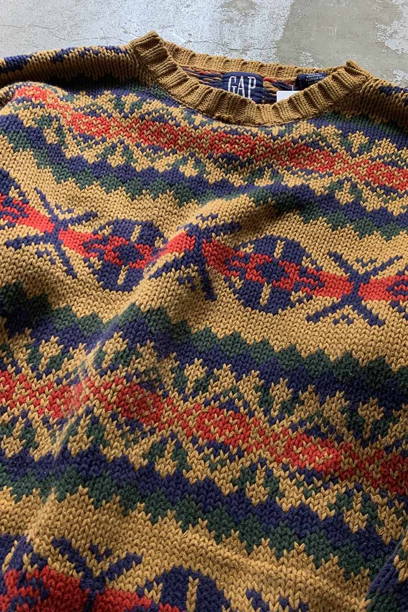 88'S-90'S NORDIC DESIGN COTTON KNIT SWEATER / MUSTARD [SIZE: L USED]