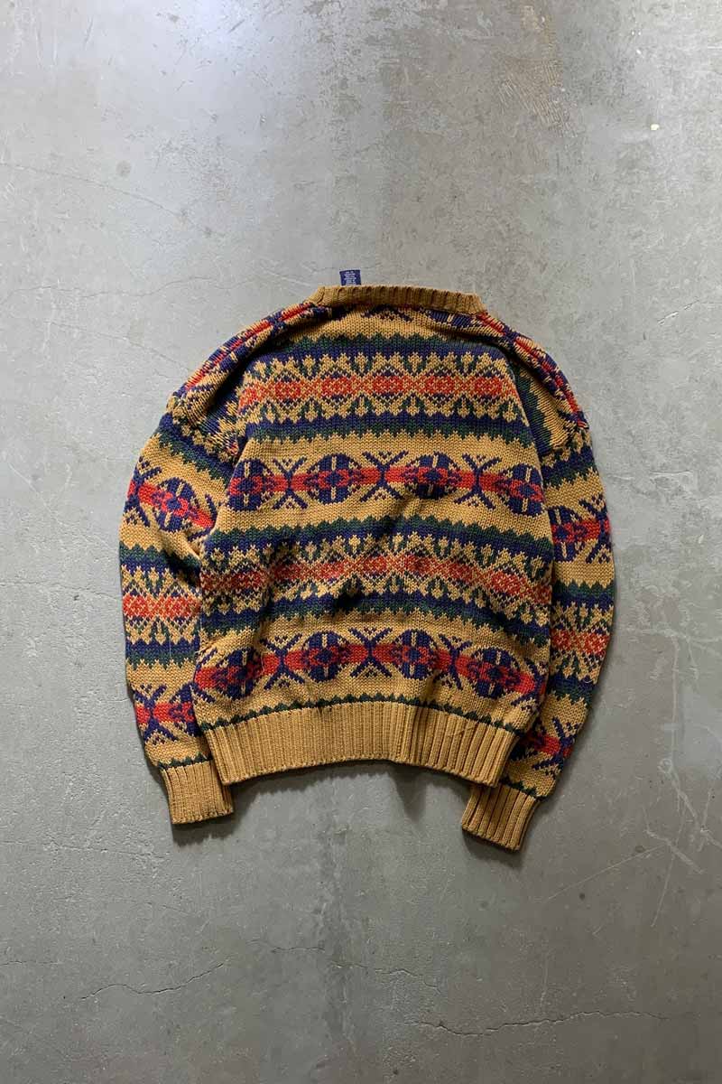 88'S-90'S NORDIC DESIGN COTTON KNIT SWEATER / MUSTARD [SIZE: L USED]