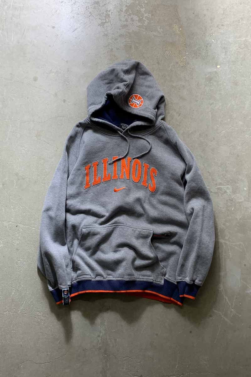 Y2K EARLY 00'S ILLINOIS EMBROIDERY SWEAT HOODIE / GRAY [SIZE: L USED]