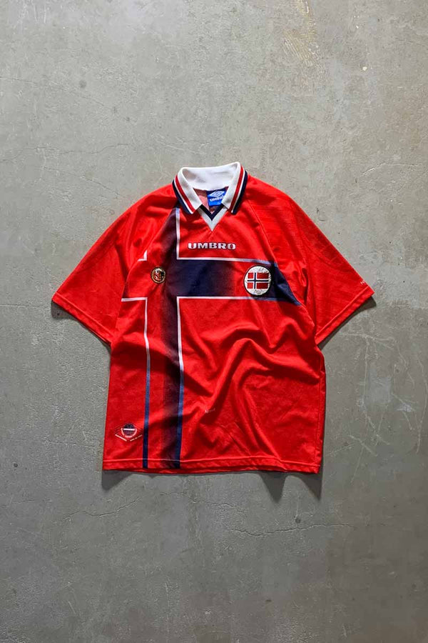MADE IN ENGLAND 97-98 NORWAY FOOTBALL GAME SHIRT / RED [SIZE: XL USED]