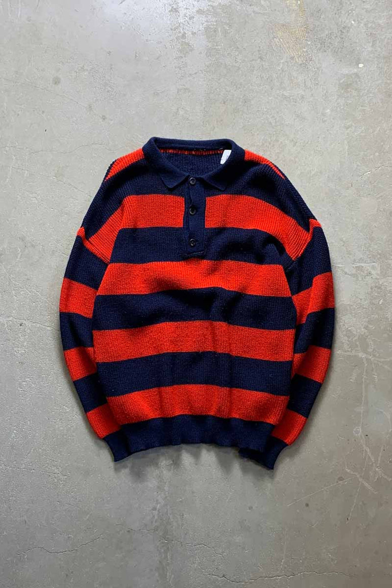 L/S BORDER POLO KNIT SWEATER / RED [SIZE: L USED]