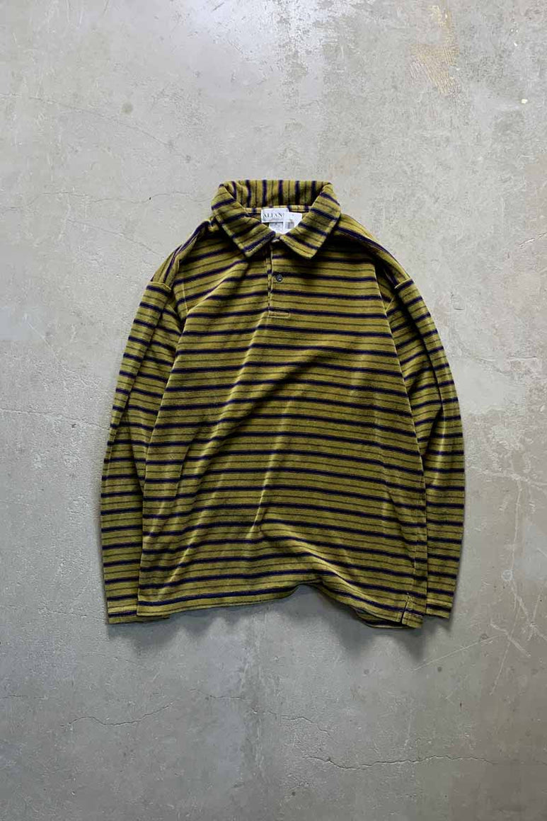 90'S L/S VELOUR BORDER POLO SHIRT / KHAKI [SIZE: M USED]