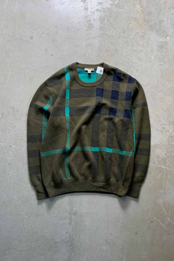 COTTON WOOL CASHMERE CHECK SWEATER / KHAKI [SIZE: XL USED]