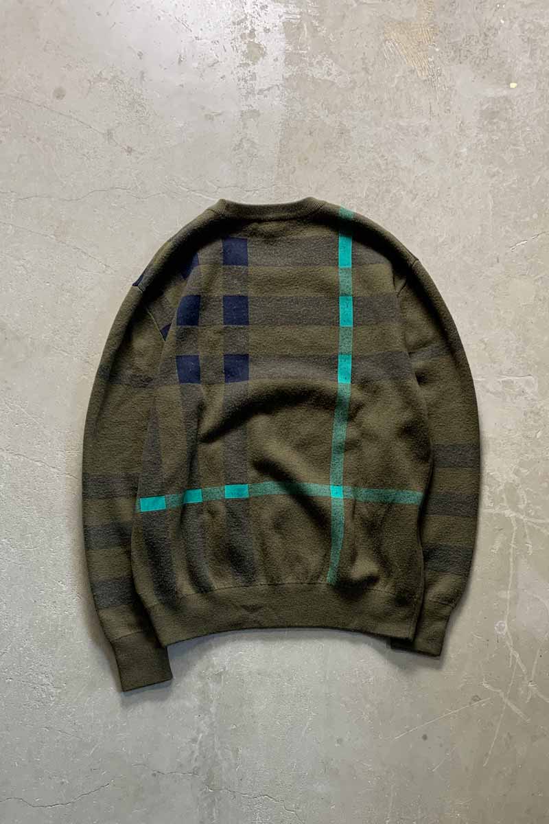 COTTON WOOL CASHMERE CHECK SWEATER / KHAKI [SIZE: XL USED]