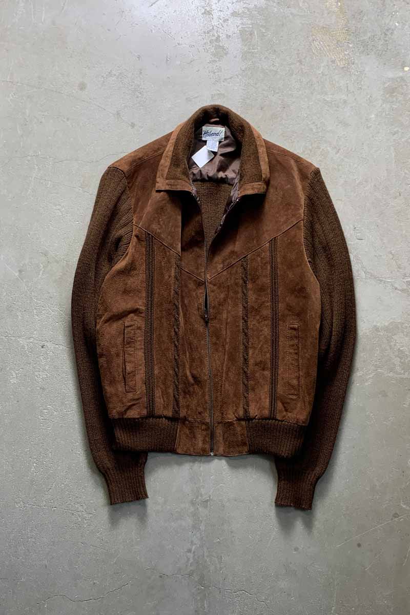 80'S SUEDE LEATHER ACRYLIC KNIT JACKET / BROWN [SIZE: L USED]