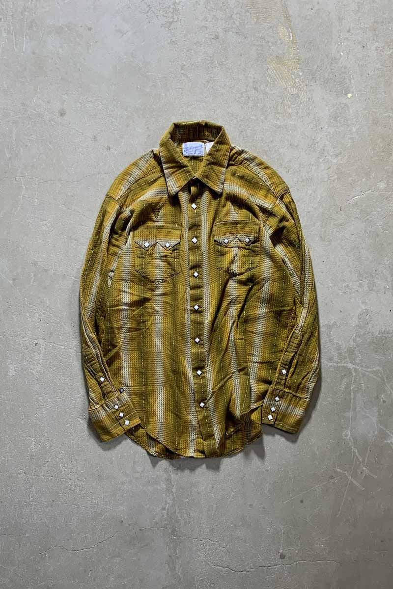 MADE IN USA 70'S L/S OMBRE CHECK WESTERN SHIRT / MUSTARD [SIZE: XL USED]