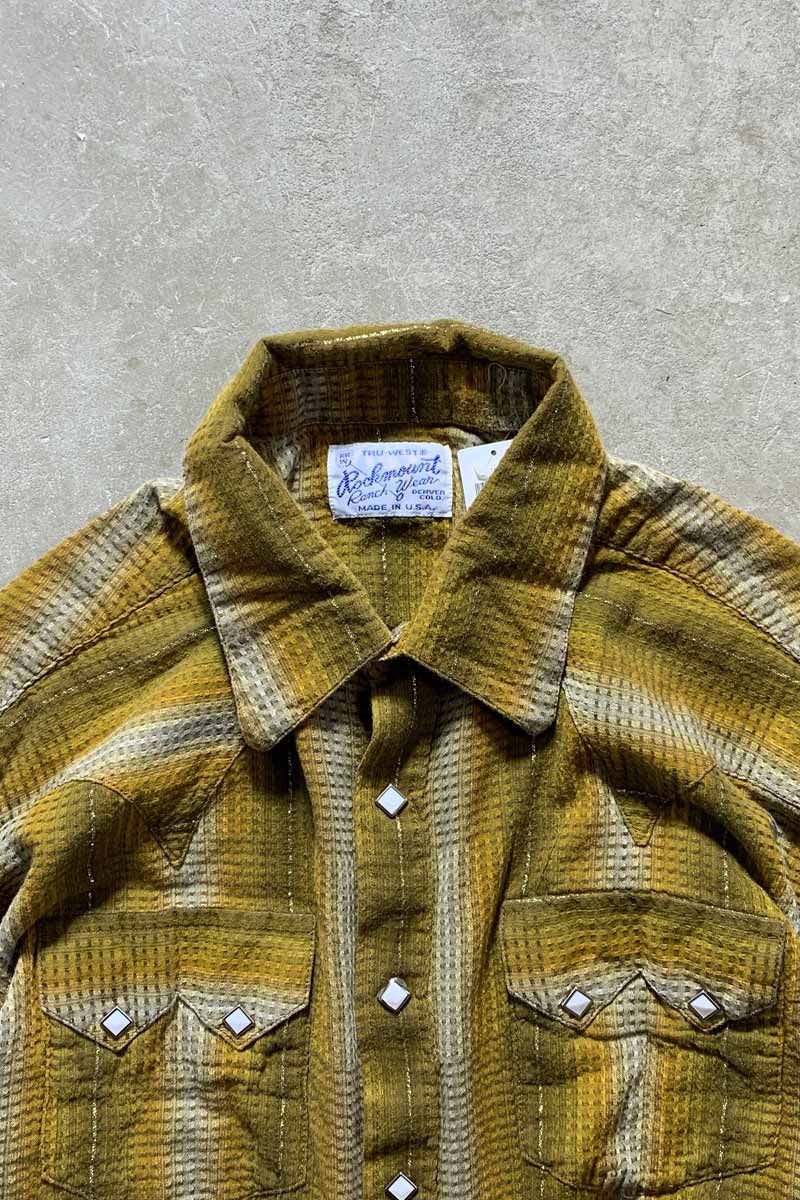 MADE IN USA 70'S L/S OMBRE CHECK WESTERN SHIRT / MUSTARD [SIZE: XL USED]