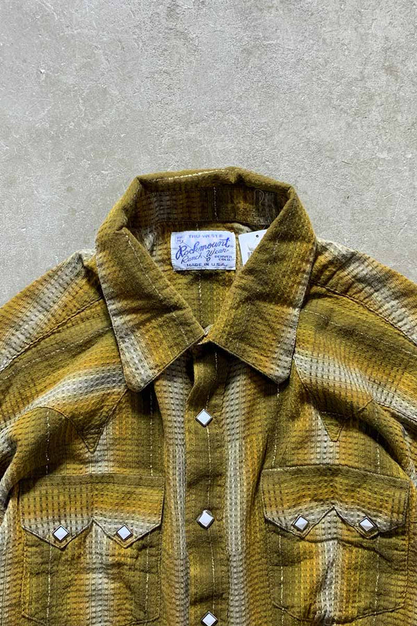 MADE IN USA 70'S L/S OMBRE CHECK WESTERN SHIRT / MUSTARD [SIZE: XL USED]
